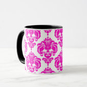 Hot Pink & White Elegantes schicke Damask Muster Tasse (Vorderseite Links)