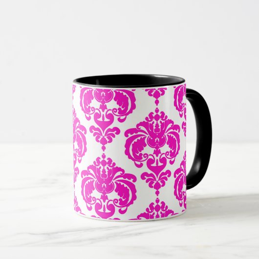 Hot Pink & White Elegantes schicke Damask Muster Tasse (VorderseiteRechts)