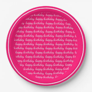 Hot Pink White Happy Birthday Script Typografie Pappteller