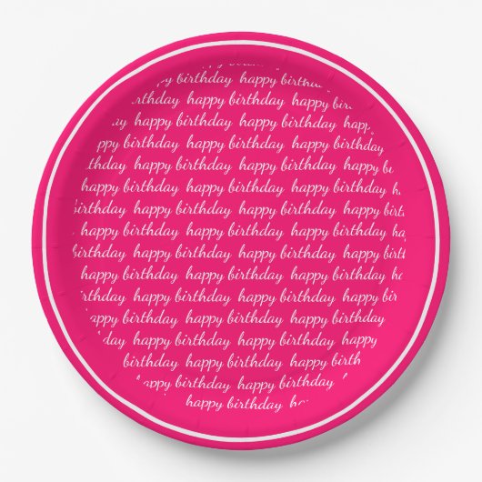 Hot Pink White Happy Birthday Script Typografie Pappteller (Vorderseite)