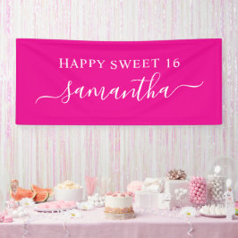 Hot Pink White Happy Sweet 16 Eleganter Name Banner