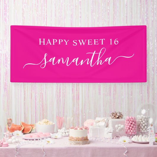 Hot Pink White Happy Sweet 16 Eleganter Name Banner (Party)