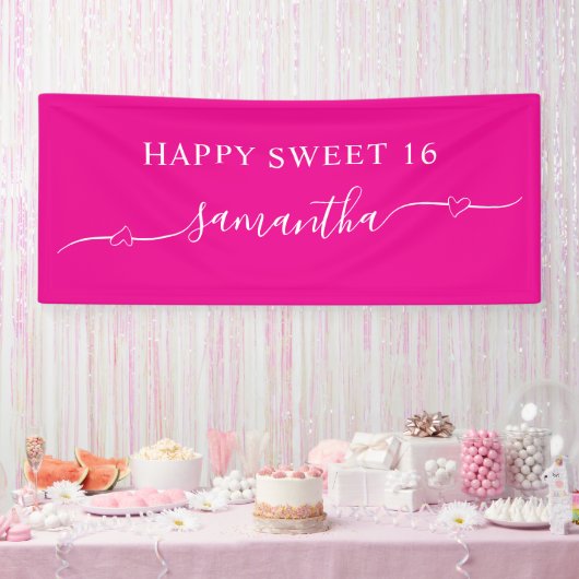 Hot Pink White Happy Sweet 16 Heart Swash Name Banner (Party)