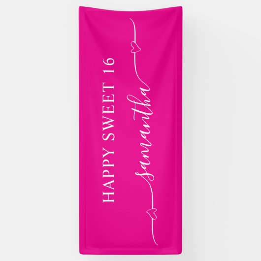 Hot Pink White Happy Sweet 16 Heart Swash Name Banner (Vertikal)