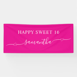 Hot Pink White Happy Sweet 16 Heart Swash Name Banner