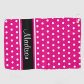 Hot Pink White Polka Dot Black Strip Skript Name Golfhandtuch (Horizontal)