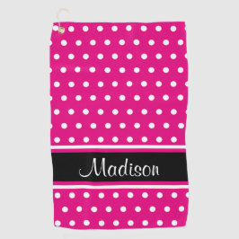 Hot Pink White Polka Dot Black Strip Skript Name Golfhandtuch