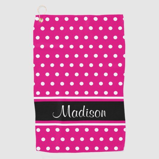 Hot Pink White Polka Dot Black Strip Skript Name Golfhandtuch (Vorderseite)