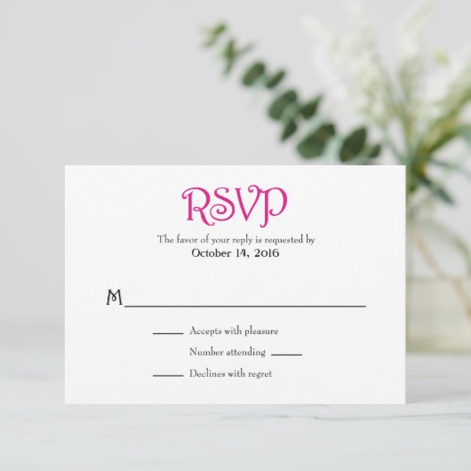 Hot Pink White Schlicht Simple Wedding RSVP Cards (Stehend Vorderseite)