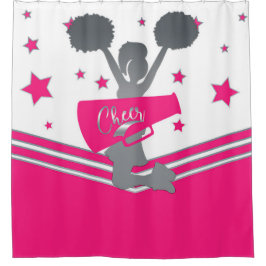 Hot Pink White Silver Stars Cheer Cheer-Leader Duschvorhang