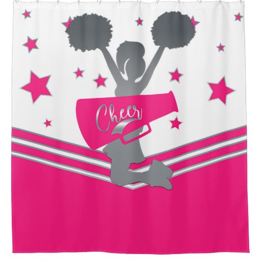 Hot Pink White Silver Stars Cheer Cheer-Leader Duschvorhang (Vorderseite)