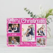Hot Pink & White Snowflakes Weihnachtskarte Feiertagskarte (Stehend Vorderseite)