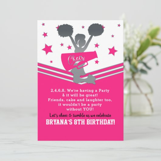 Hot Pink & White Stars Cheer Cheer führendes Party Einladung (Stehend Vorderseite)