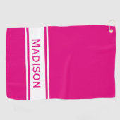 Hot Pink White Strip Modern Name Monogram Golfhandtuch (Horizontal)