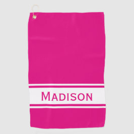 Hot Pink White Strip Modern Name Monogram Golfhandtuch