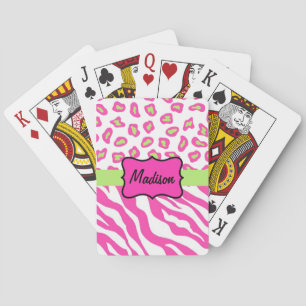 Hot Pink White Zebra Leopard Skin Name personalisi Spielkarten
