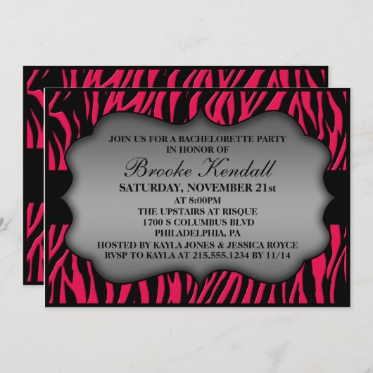 Hot Pink Wild Night Zebra Print Junggeselinnen-Abs Einladung (Vorne/Hinten)