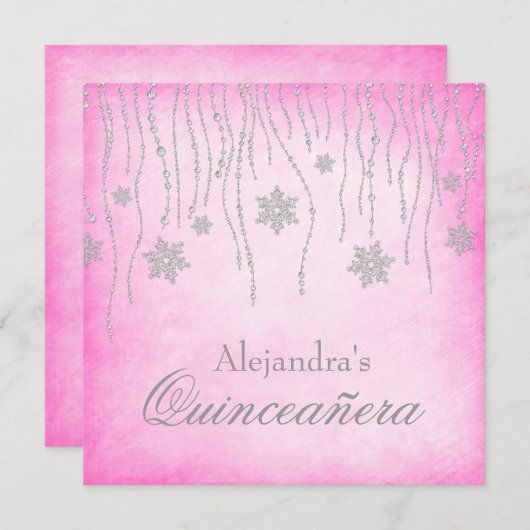 Hot Pink Winter Wonderland Schneeflocken Quinceane Einladung (Vorne/Hinten)