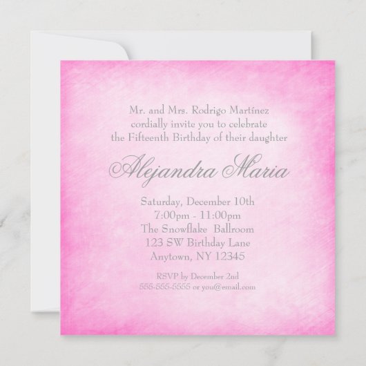 Hot Pink Winter Wonderland Schneeflocken Quinceane Einladung (Rückseite)