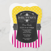 Hot Pink Yellow Grey Chalkboard Stripe Babydusche Einladung (Vorne/Hinten)