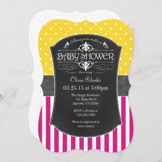 Hot Pink Yellow Grey Chalkboard Stripe Babydusche Einladung (Vorne/Hinten)