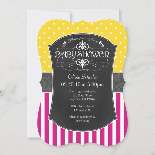Hot Pink Yellow Grey Chalkboard Stripe Babydusche Einladung (Vorderseite)
