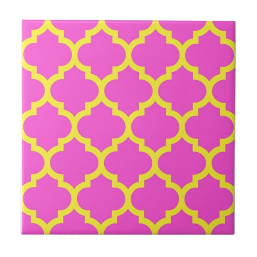 Hot Pink Yellow marokkanisches Quatrefolienmuster  Fliese (Vorderseite)
