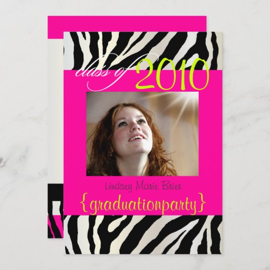 Hot Pink Zebra Abschluss Foto Einladung (Vorne/Hinten)