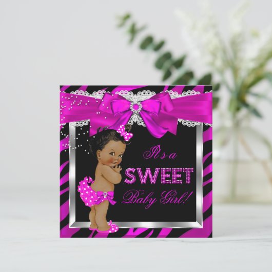 Hot Pink Zebra Baby Shower Girl Afroamerikaner Einladung (Stehend Vorderseite)
