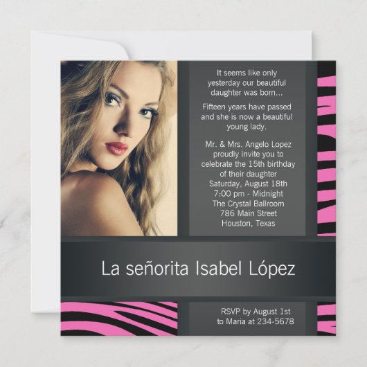Hot Pink Zebra Foto Quinceanera Einladung (Vorderseite)