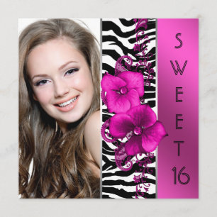 Hot Pink Zebra Foto Sweet 16 Geburtstagsparty Einladung