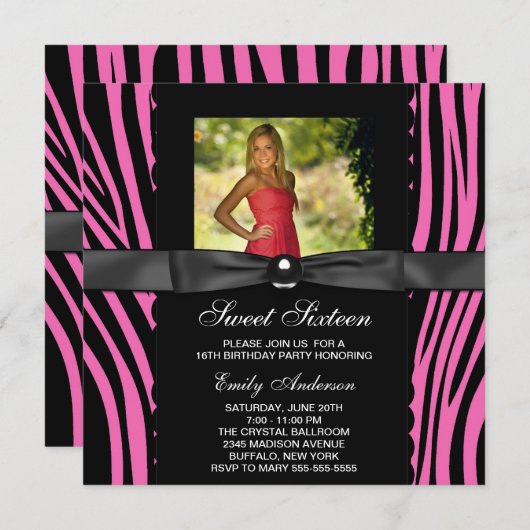 Hot Pink Zebra Foto Sweet 16 Party Einladung (Vorne/Hinten)
