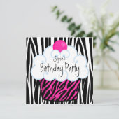 Hot Pink Zebra Girls Cupcake Geburtstagsparty Einladung (Stehend Vorderseite)