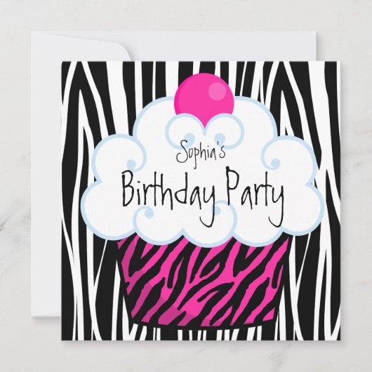 Hot Pink Zebra Girls Cupcake Geburtstagsparty Einladung (Vorderseite)