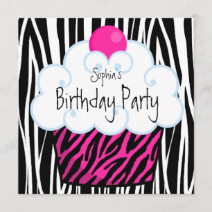 Hot Pink Zebra Girls Cupcake Geburtstagsparty Einladung