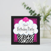Hot Pink Zebra Girls Cupcake Geburtstagsparty Einladung (Stehend Vorderseite)