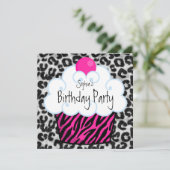 Hot Pink Zebra Girls Cupcake Geburtstagsparty Einladung (Stehend Vorderseite)