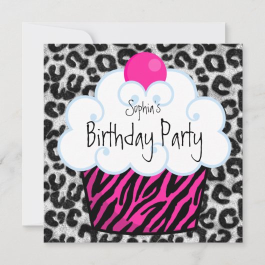Hot Pink Zebra Girls Cupcake Geburtstagsparty Einladung (Vorderseite)