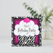 Hot Pink Zebra Girls Cupcake Geburtstagsparty Einladung (Stehend Vorderseite)