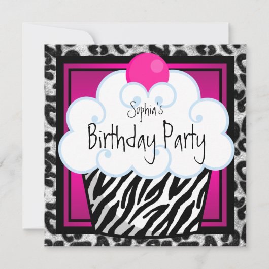 Hot Pink Zebra Girls Cupcake Geburtstagsparty Einladung (Vorderseite)
