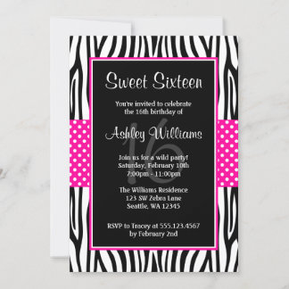 Hot Pink Zebra Polka Dot Sweet 16 Einladungen