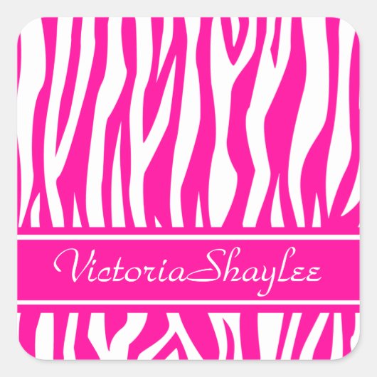 Hot Pink Zebra Print mit benutzerdefiniertem Text Quadratischer Aufkleber (Vorderseite)