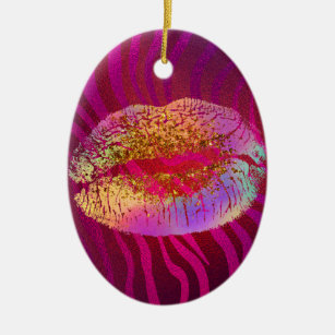 Hot Pink Zebra Rainbow Gold Glitzer Lippen Custom Keramik Ornament