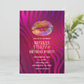 Hot Pink Zebra Rainbow Gold Glitzer Lippen Party Einladung (Stehend Vorderseite)