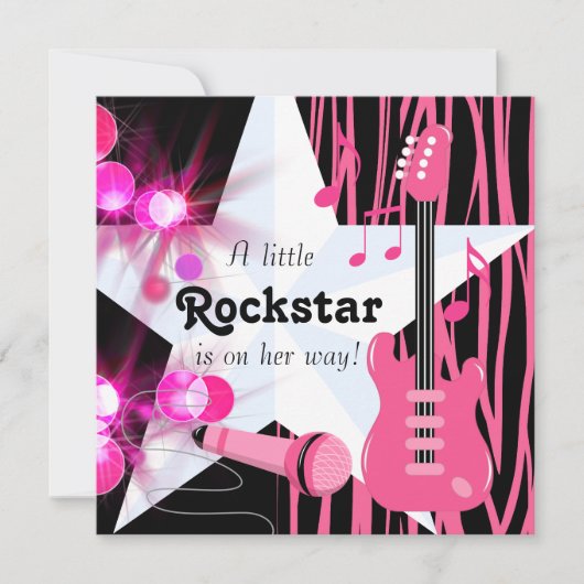 Hot Pink Zebra Rockstar Baby Girl Dusche Einladung (Vorderseite)