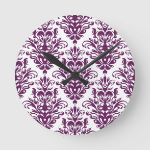 Hot Purple and White Elegant Damask Pattern Runde Wanduhr