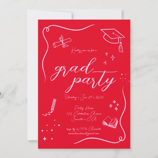 Hot Red Pink Hand gezeichnet Scrible Abschluss Einladung (Vorderseite)