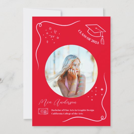 Hot Red Pink Hand gezeichnet Scrible Abschluss Einladung (Rückseite)