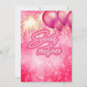 Hot-Rosa-Ballon Feuerwerk Gold Funkeln Einladung (Rückseite)