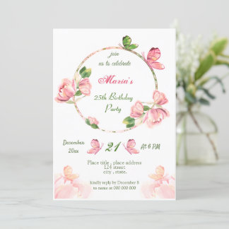 Hot-Rosa-Blume Blätter Schmetterlinge Geburtstagsp Einladung